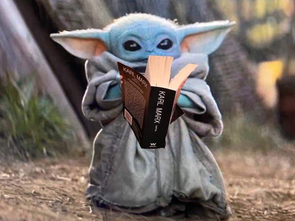 The meme is an image of a child from the movie Star Wars, known as Baby Yoda, holding a book with the title "Das Kapital" by Karl Marx. The book is upside down, and Baby Yoda is holding it with both hands, looking puzzled. The text "I'd read Das Kapital but it's really long" appears at the top of the image.